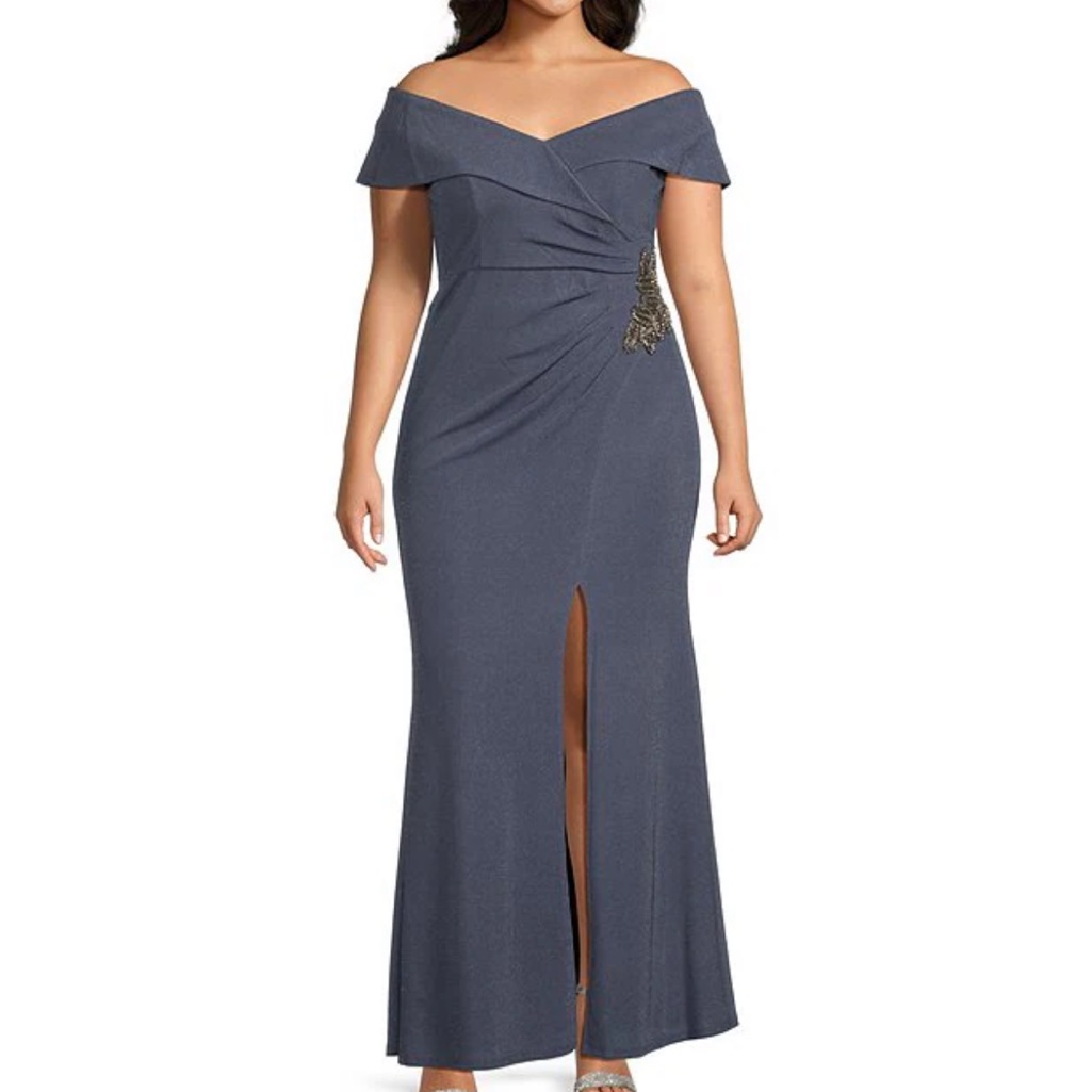 Alex Evenings Blue Off-Shoulder Ruched Maxi Dress- Plus Size